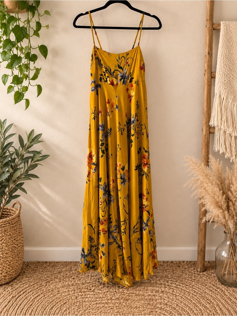 Olivaceous Mustard Yellow Floral Boho Maxi Dress Size Small